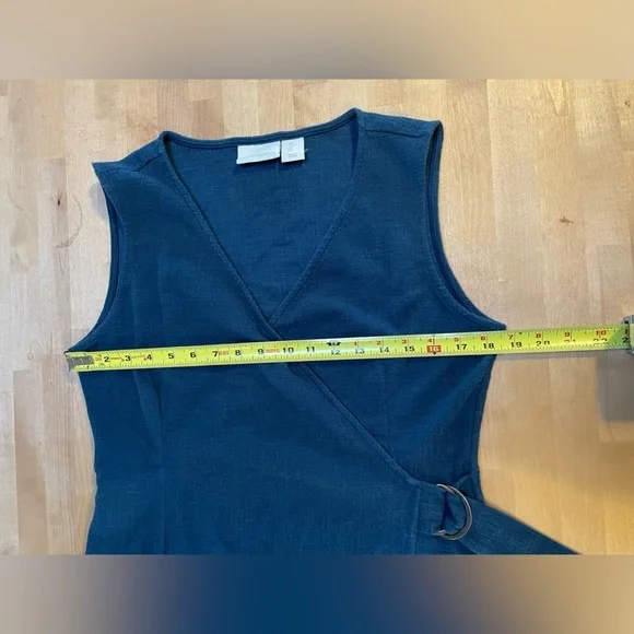 Cynthia Rowley Faux Wrap Sleeveless V-Neck Buckle Navy Blue Dress Size Large EUC - Picture 6 of 12